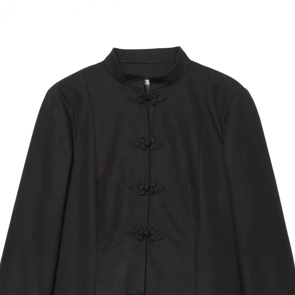Women's jacket in Mandarin style with stand-up collar and decorative frog closures Fashion Glam