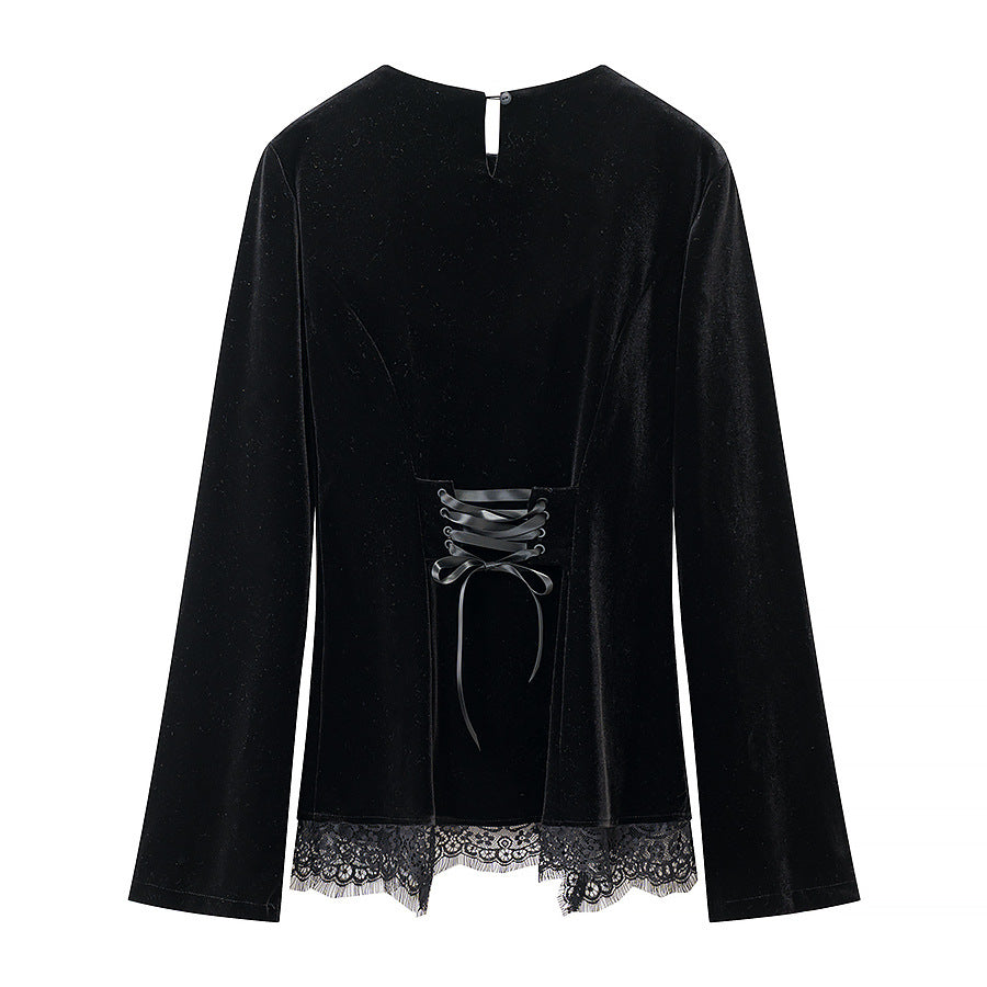 Women’s velvet blouse with lace trim and curved slit neckline Fashion Glam
