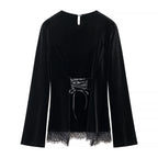 Women’s velvet blouse with lace trim and curved slit neckline Fashion Glam