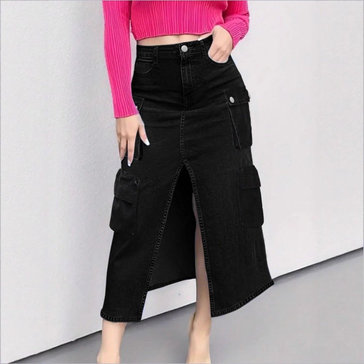 Women's cargo jeans midi skirt with front slit and patch cargo pockets Fashion Glam