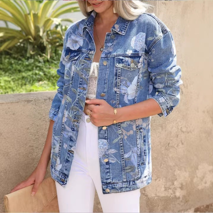 Women’s Longer Denim Jacket with Floral Allover Print, Chest Flap Pockets, and Casual Oversized Fit Fashion Glam