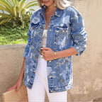 Women’s Longer Denim Jacket with Floral Allover Print, Chest Flap Pockets, and Casual Oversized Fit Fashion Glam