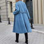 Women Long Denim Trench Coat with Tie Belt and Raglan Sleeves Fashion Glam