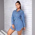 Women Studded Denim Shirt Dress with Waist Belt Fashion Glam