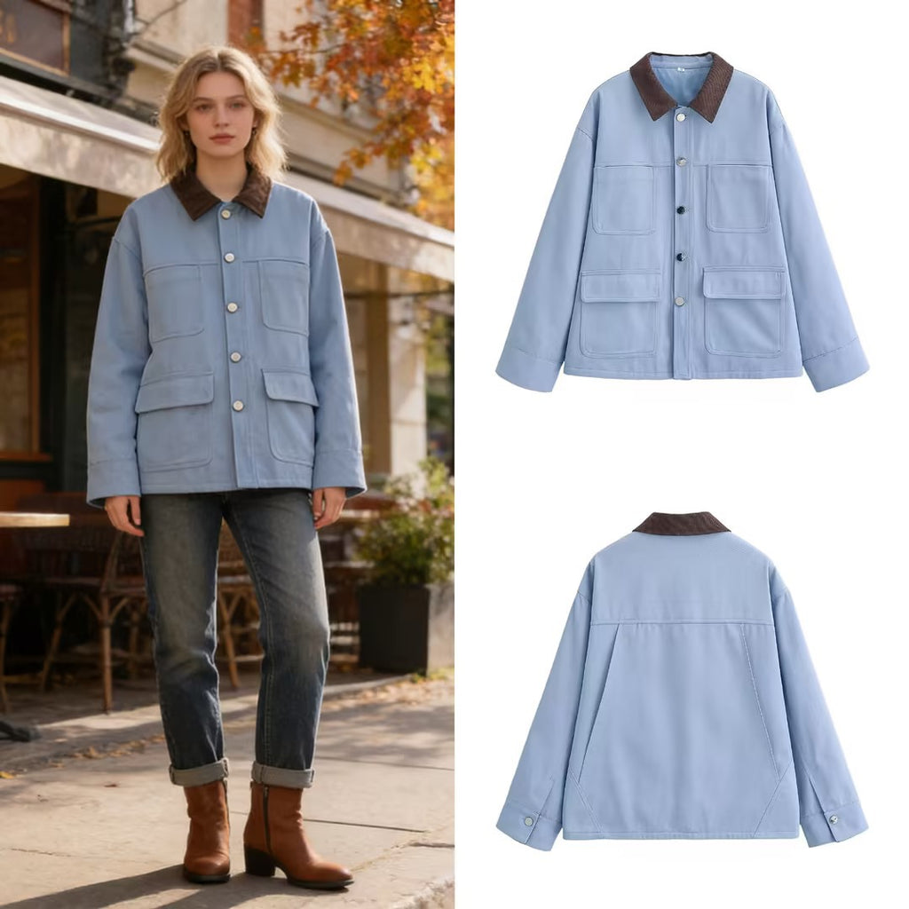 Women's Boxy Work Jacket with Cord Collar and Four Patch Pockets Fashion Glam