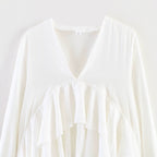 Women's maxi dress with asymmetric ruffle trim, V-neck and long ruffle sleeves Fashion Glam
