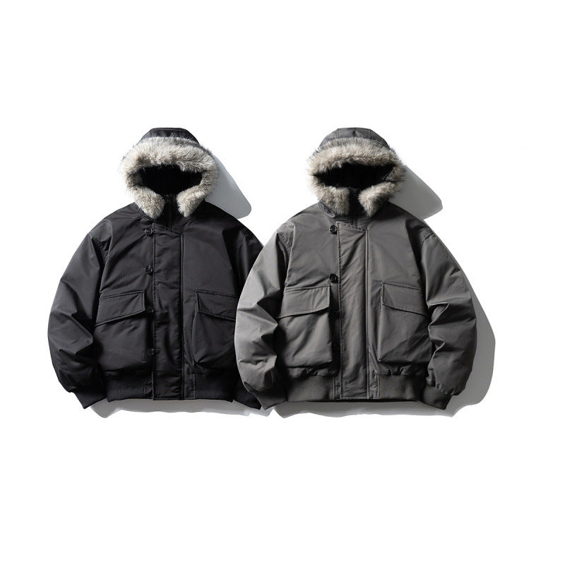 Men's Insulated Winter Bomber Jacket with Hood and Faux Fur Trim Fashion Glam