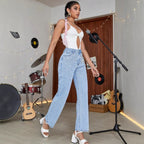 Women’s jeans with pearl appliqué, high waist and straight leg Fashion Glam