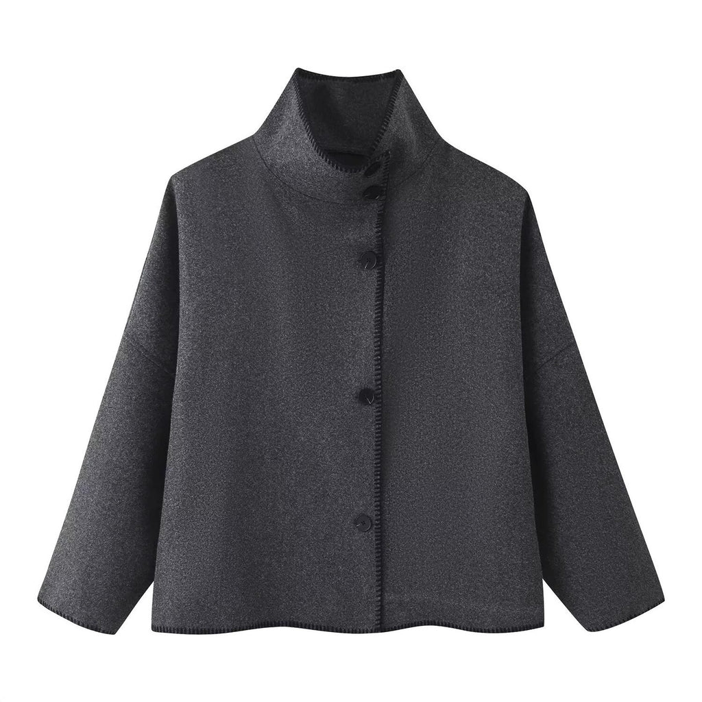 Women's Short Boxy Coat-Cape with Standing Collar and Contrast Decorative Stitch Fashion Glam