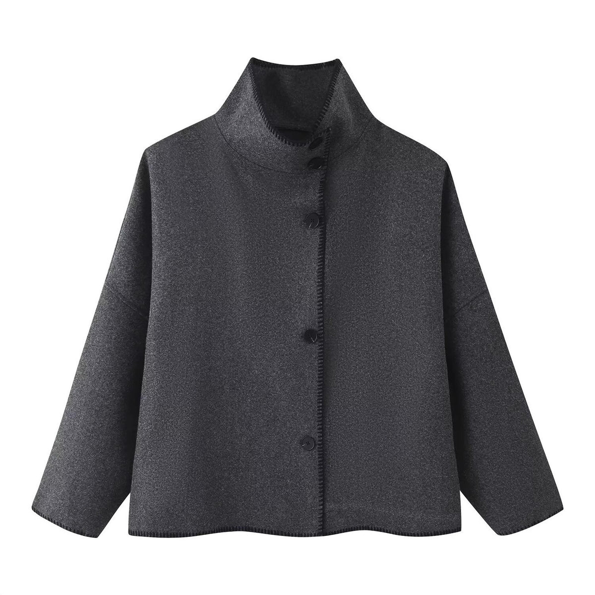 Women's Short Boxy Coat-Cape with Standing Collar and Contrast Decorative Stitch Fashion Glam