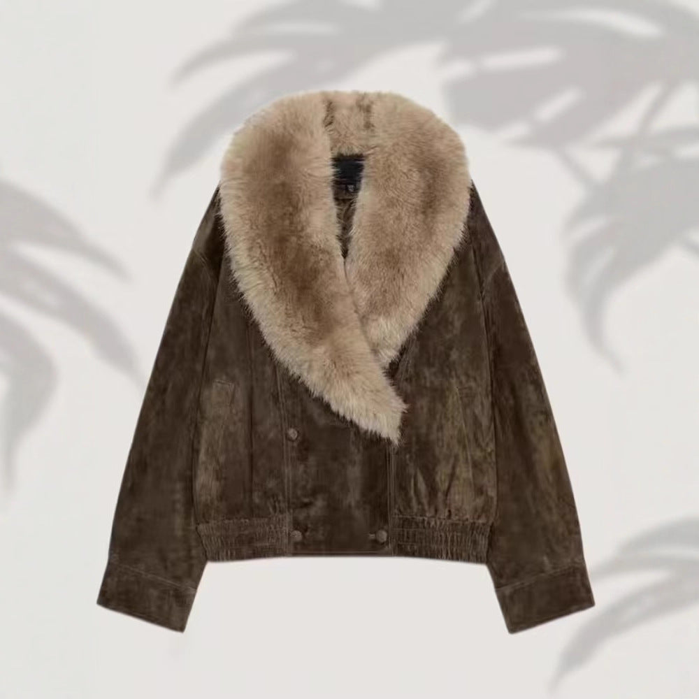 Women’s short-cut suede bomber jacket with luxurious fur collar Fashion Glam