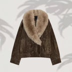 Women’s short-cut suede bomber jacket with luxurious fur collar Fashion Glam