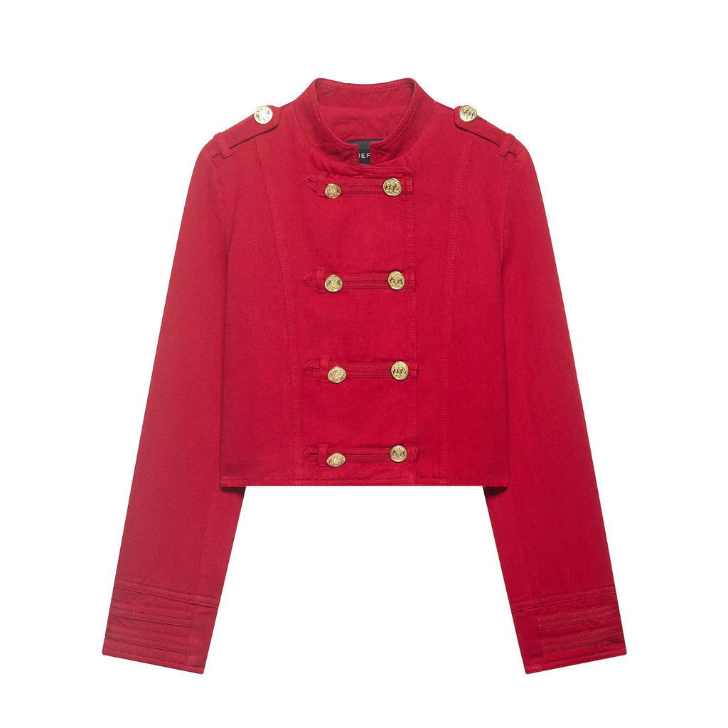 Women Cropped Military Jacket in Sailor Style with Golden Decorative Straps and Stand-Up Collar Fashion Glam