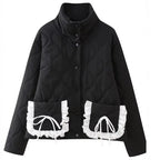 Women’s quilted jacket with stand-up collar and contrasting ruffled pockets Fashion Glam