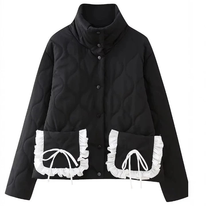 Women’s quilted jacket with stand-up collar and contrasting ruffled pockets Fashion Glam