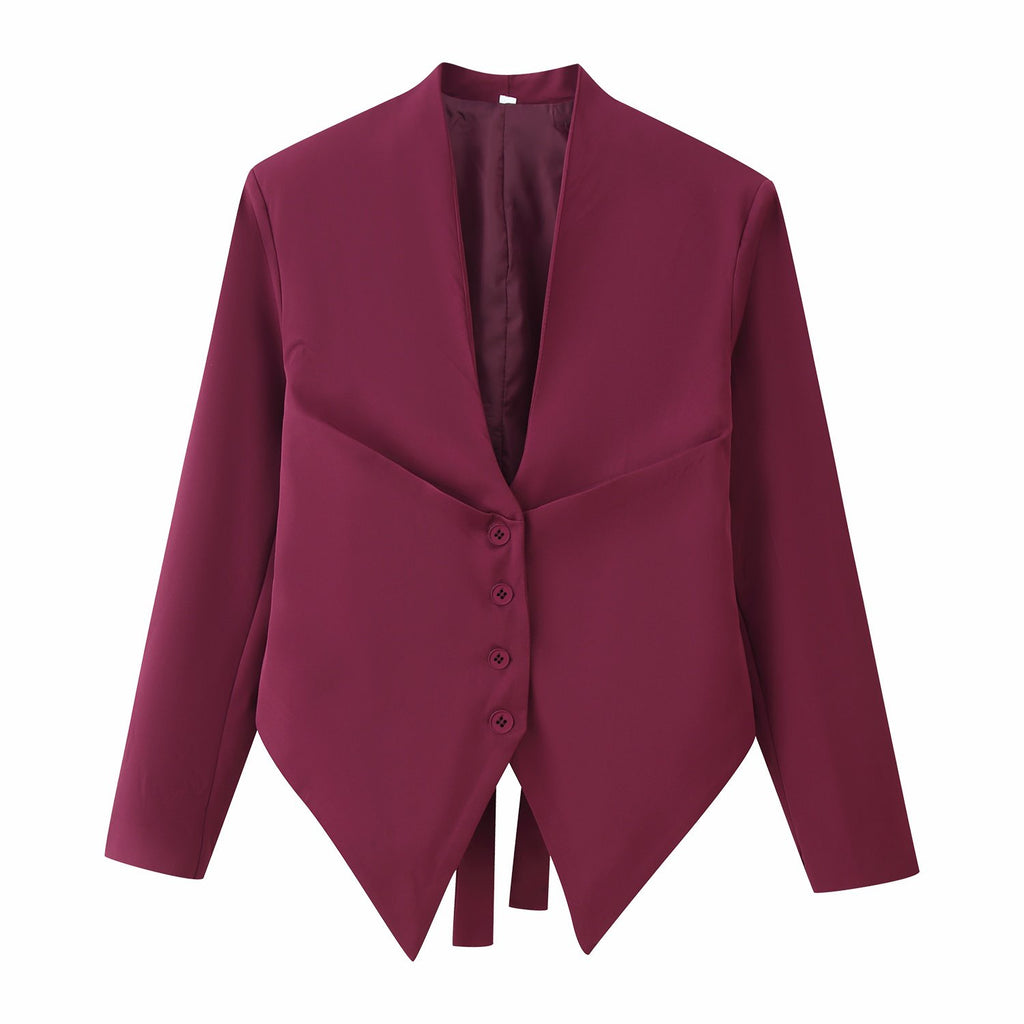Women Asymmetrical Blazer Jacket with Deep V-Neck and Pointed Hem Fashion Glam