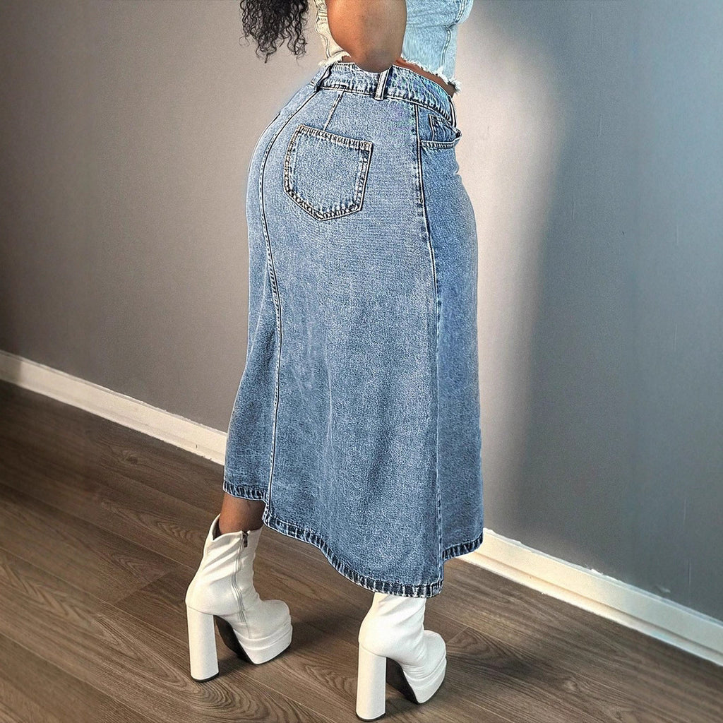 Ladies mid-length denim skirt with continuous button placket and high-waisted A-line cut Fashion Glam