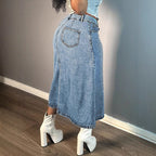 Ladies mid-length denim skirt with continuous button placket and high-waisted A-line cut Fashion Glam