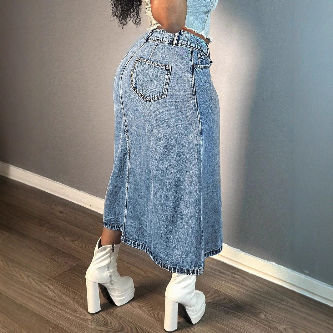 Ladies mid-length denim skirt with continuous button placket and high-waisted A-line cut Fashion Glam