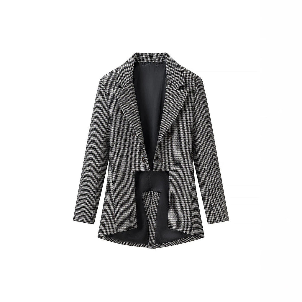 Women's Tailored Houndstooth Blazer with Tail and Lapel Collar Fashion Glam