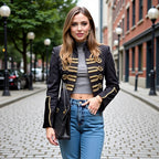 Women's short military-inspired jacket with golden decorative cord and stand-up collar Fashion Glam