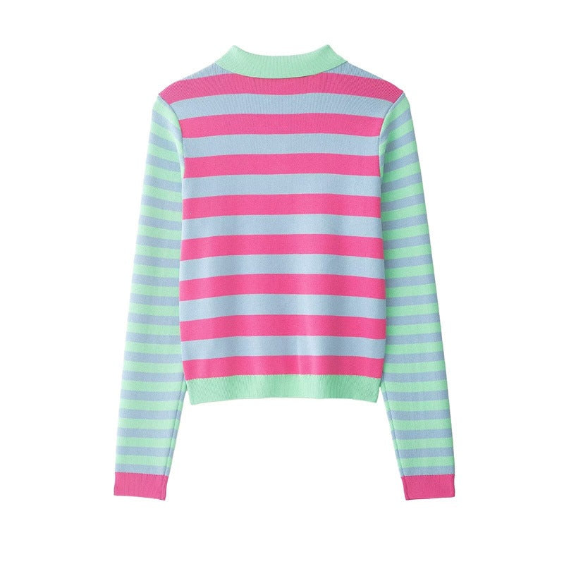 Women's Striped Short Knit Jacket with Polo Collar, Contrasting Button Placket and Ribbed Cuffs Fashion Glam