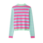 Women's Striped Short Knit Jacket with Polo Collar, Contrasting Button Placket and Ribbed Cuffs Fashion Glam