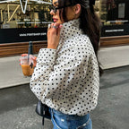Women Short Cut Oversized Polka Dot Jacket with Stand Collar and Zipper Fashion Glam