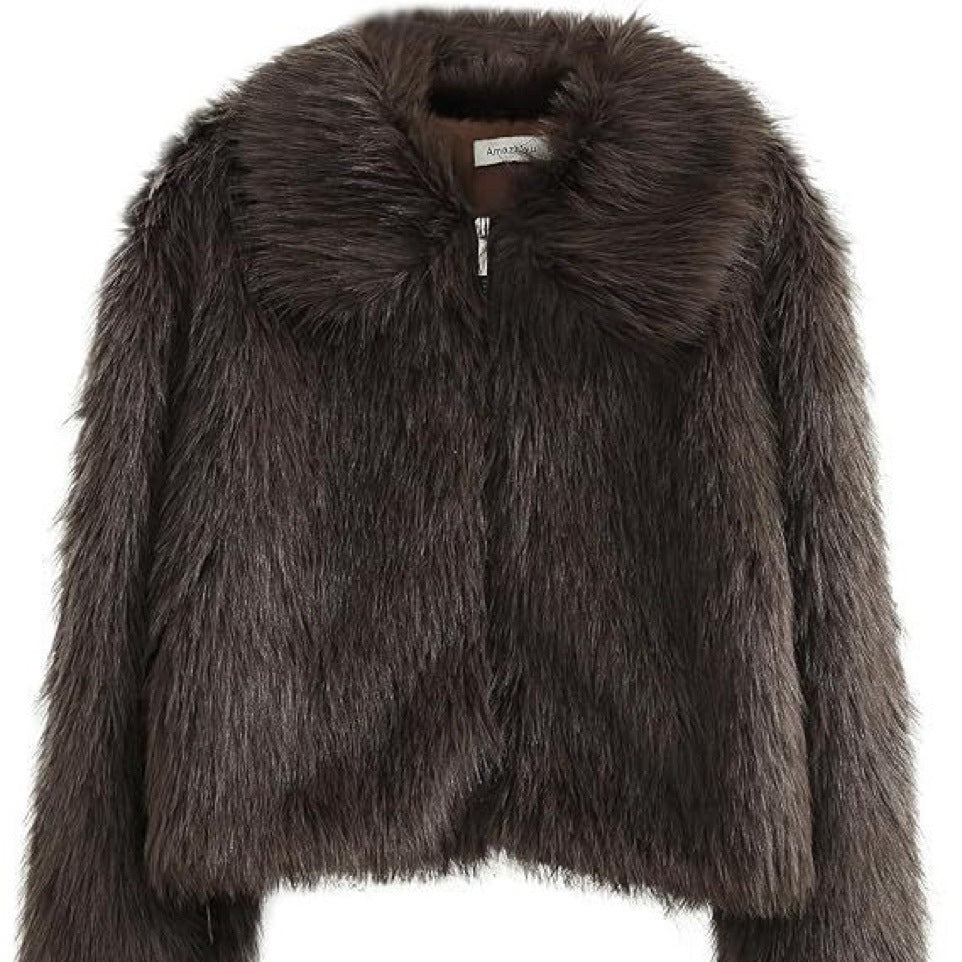Women's Short Shaggy Faux Fur Blouson with Dense High Pile and Boxy Cropped Fit Fashion Glam