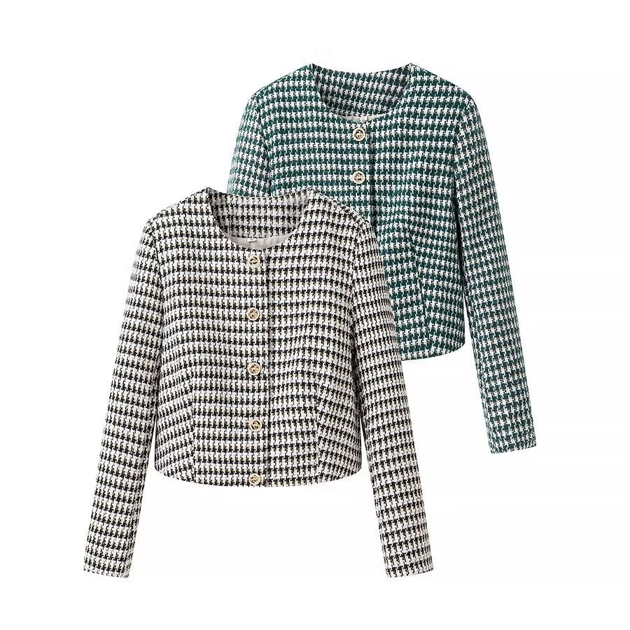 Women Short-Cut Boucle Tweed Blazer with Houndstooth Pattern and Decorative Buttons Fashion Glam
