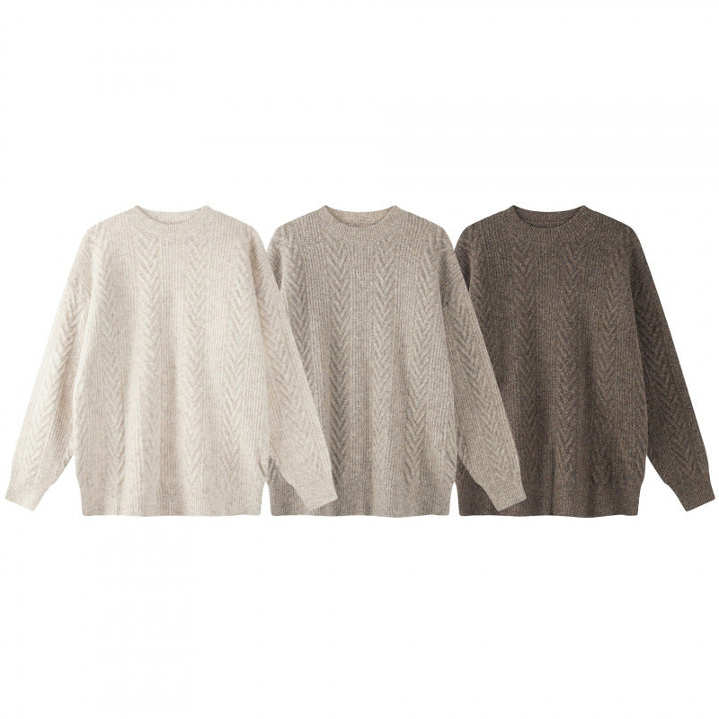Unisex Oversized Chunky Knit Sweater with Herringbone Pattern and Round Neck Fashion Glam