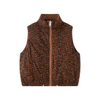 Women Padded Quilted Vest with High Stand-Up Collar and Leopard Print Lining Fashion Glam