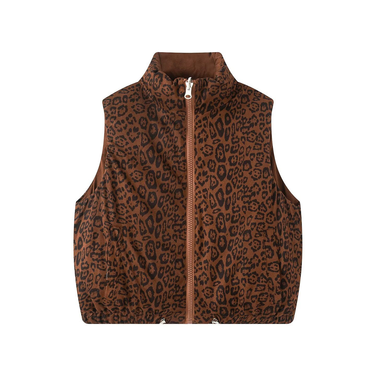 Women Padded Quilted Vest with High Stand-Up Collar and Leopard Print Lining Fashion Glam