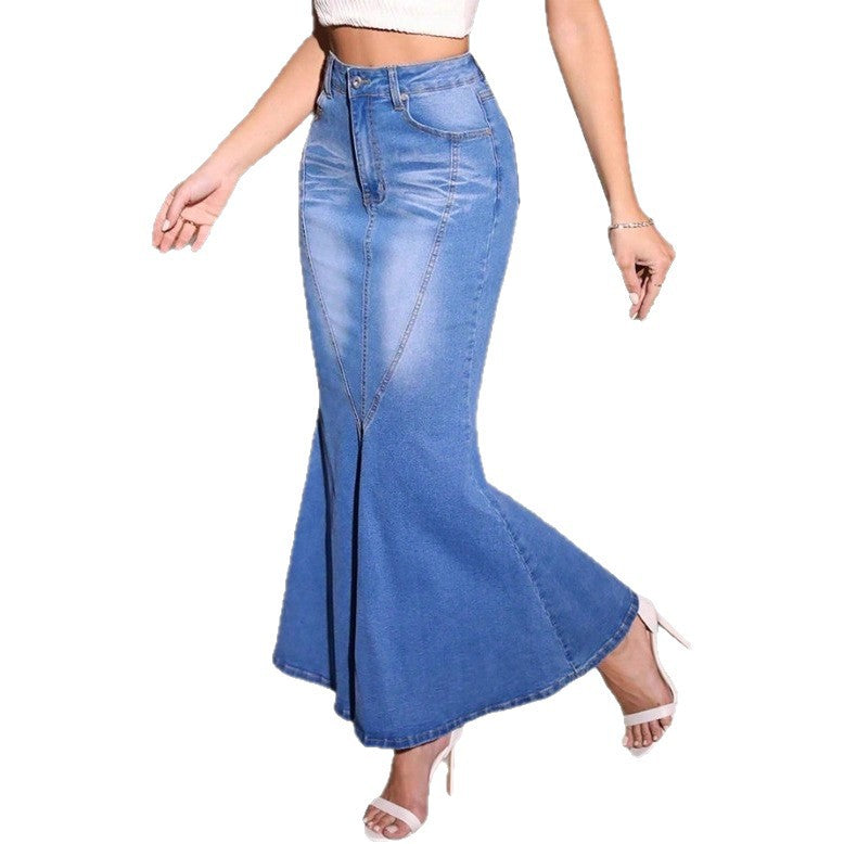 Women's waist-defining denim mermaid midi skirt with sculpting seam panels Fashion Glam