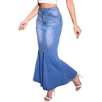 Women's waist-defining denim mermaid midi skirt with sculpting seam panels Fashion Glam