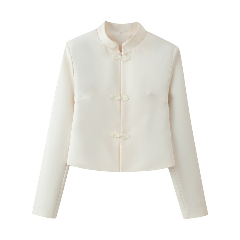 Women Cropped Tailored Jacket with Mandarin Collar and Decorative Toggle Closures Fashion Glam