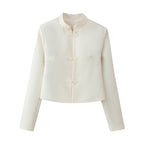 Women Cropped Tailored Jacket with Mandarin Collar and Decorative Toggle Closures Fashion Glam