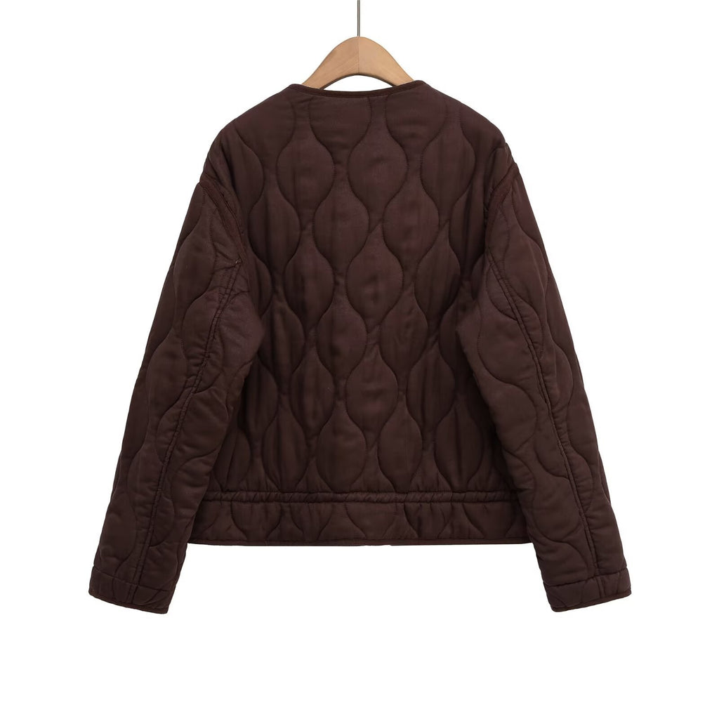 Women quilted transition jacket with zipper and button placket, round neck and drawstring Fashion Glam