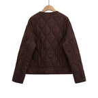 Women quilted transition jacket with zipper and button placket, round neck and drawstring Fashion Glam