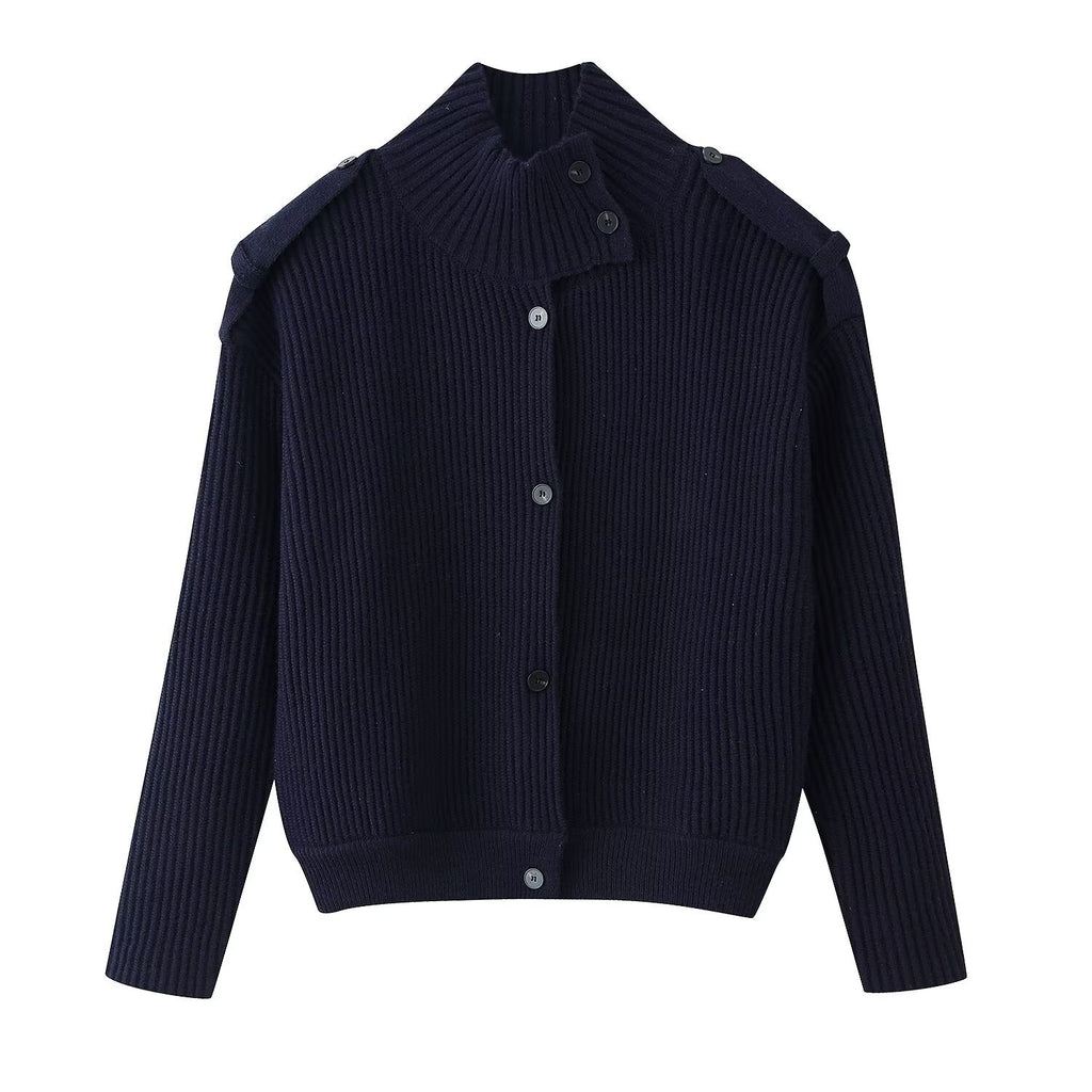 Women’s structured knit cardigan with stand-up collar, button placket and shoulder patches Fashion Glam