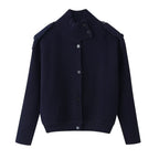 Women’s structured knit cardigan with stand-up collar, button placket and shoulder patches Fashion Glam