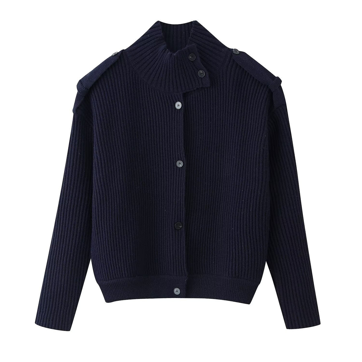 Women’s structured knit cardigan with stand-up collar, button placket and shoulder patches Fashion Glam