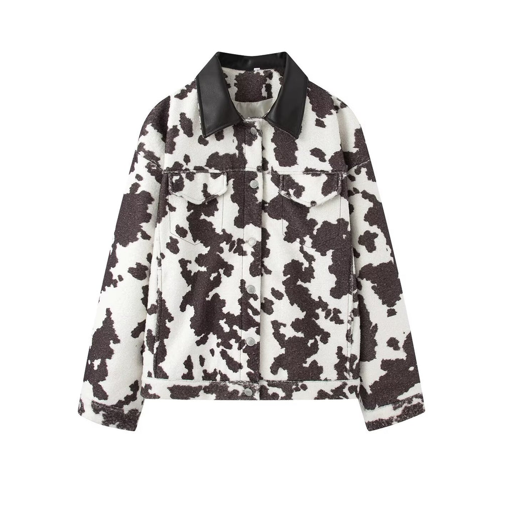 Women’s teddy trucker jacket with cow spot pattern and faux leather collar Fashion Glam