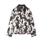 Women’s teddy trucker jacket with cow spot pattern and faux leather collar Fashion Glam