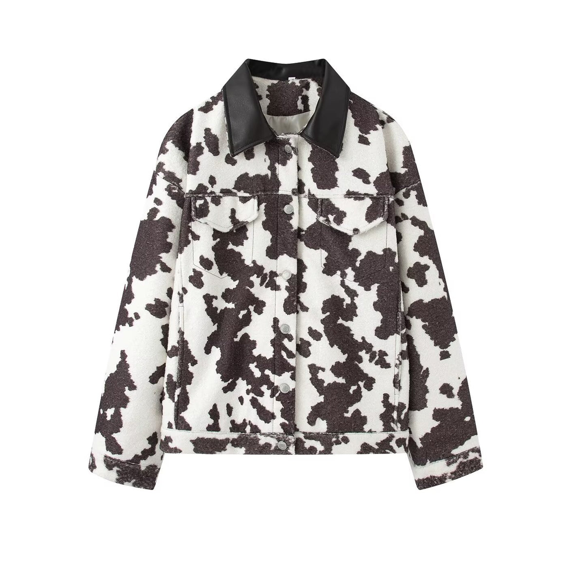 Women’s teddy trucker jacket with cow spot pattern and faux leather collar Fashion Glam