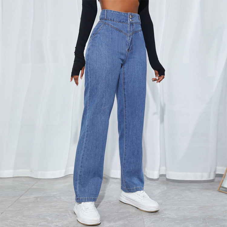Women's high-waisted straight-cut jeans with V-shaped waistband and wide leg Fashion Glam