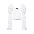 Women's Ruched Carmen Crop Top with Puff Sleeves, Smocked Waist and Tiered Sleeves Fashion Glam