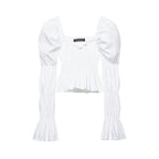 Women's Ruched Carmen Crop Top with Puff Sleeves, Smocked Waist and Tiered Sleeves Fashion Glam