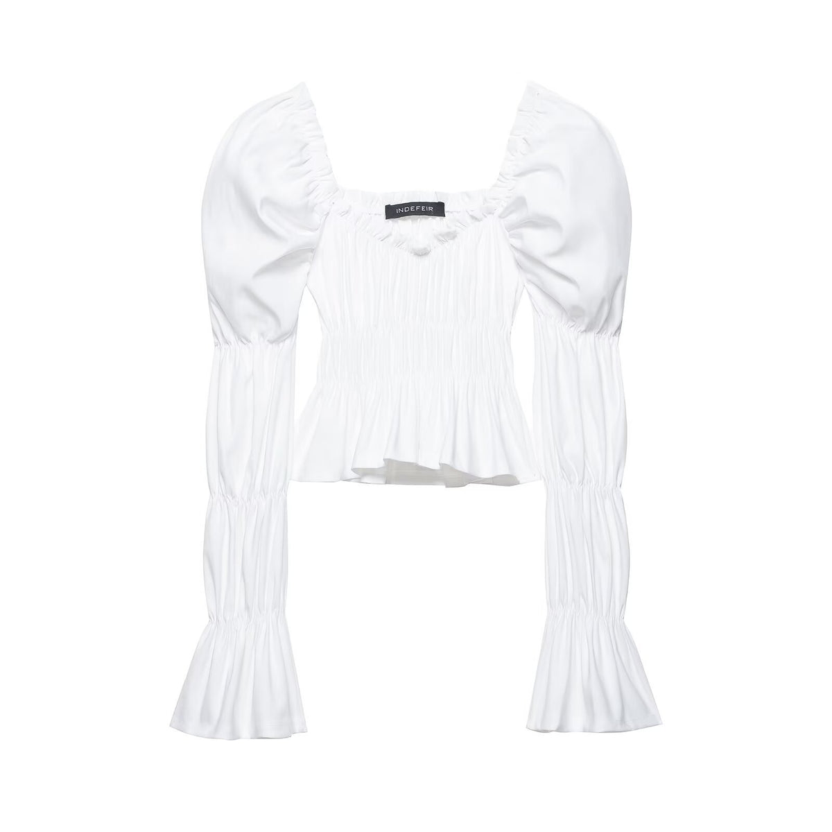 Women's Ruched Carmen Crop Top with Puff Sleeves, Smocked Waist and Tiered Sleeves Fashion Glam