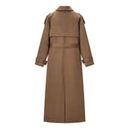 Women Longer tailored double-breasted wool blend trench coat with belt and shawl collar Fashion Glam